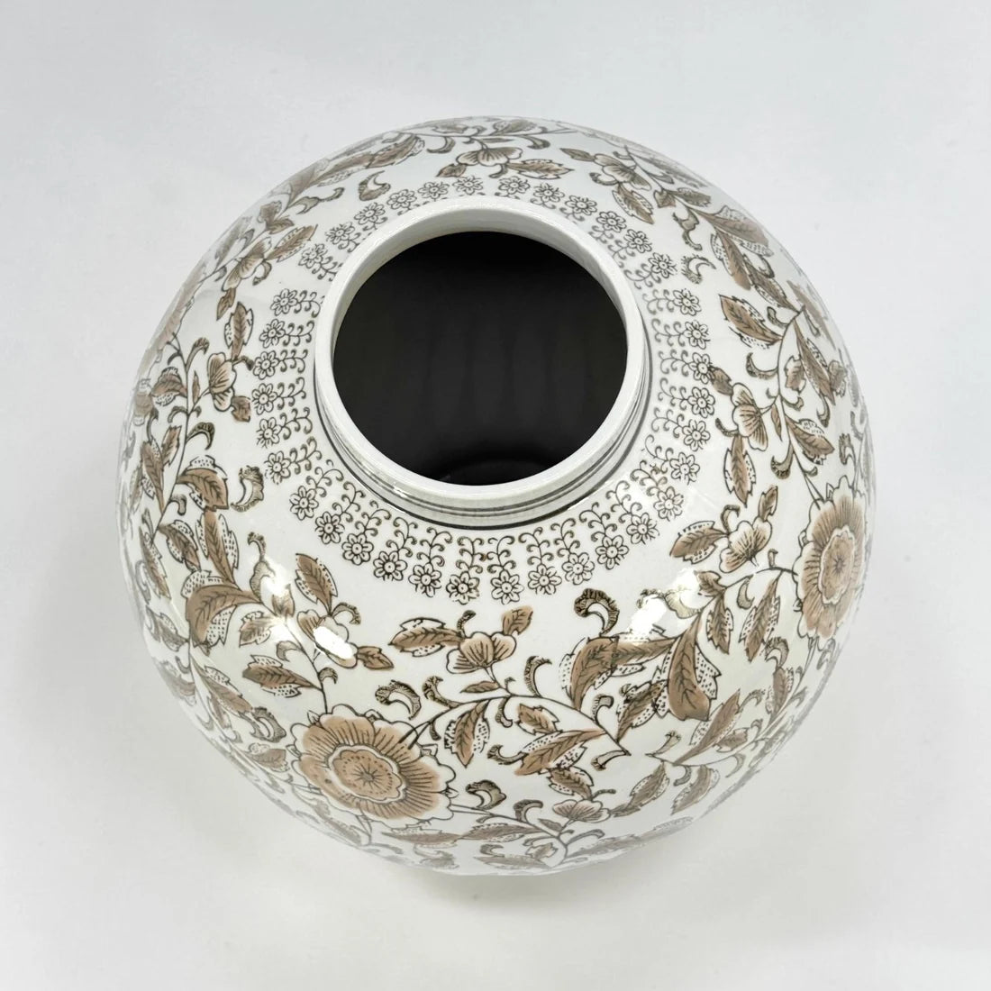 Chinoiserie Ceramic Globe Vase, Brown & White, 12 in.