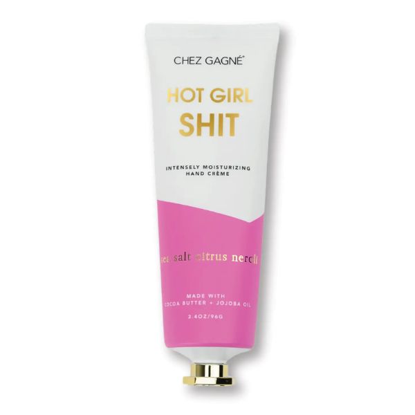 Tube of Hand Creme, Hot Girl Shit, Sea Salt Citrus and Neroli with white and pink packaging and gold text, a curated gift from Knotty and Board for fun and moisturizing hand care.