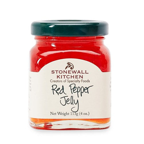 Stonewall Kitchen Red Pepper Jelly, 4 oz jar with vibrant red jelly, perfect for kitchen gifts and entertaining, featured by Knotty and Board with curated decor and gifts.