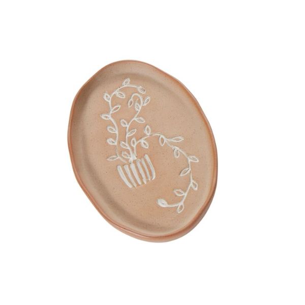 Hayseed Tray, Oval, 6 in. features a handcrafted ceramic design with a delicate white vine pattern, perfect for adding unique decor to your kitchen or dining area.