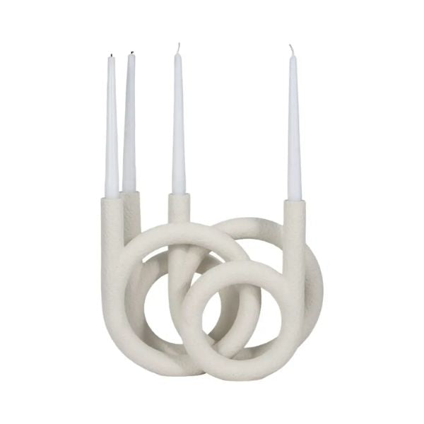 Twisted Ring 4-Taper Candle Holder, White, 12 in. with a modern sculptural design featuring intertwined rings holding four white taper candles, perfect decor for kitchen or dining by Knotty and Board.
