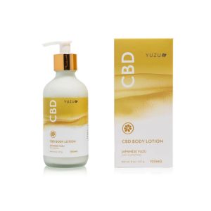 Yuzu CBD Body Lotion, Japanese Yuzu, 100mg in a white pump bottle with gold and cream packaging, available at Knotty and Board, a curated decor and gift shop shipping nationwide.