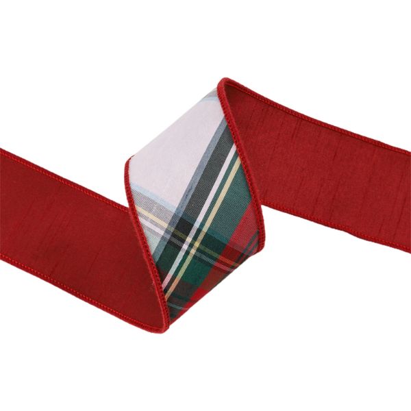 Wired 2.5 in. Dupioni Plaid Bias Cut Ribbon, Burgundy, Green, and White, 5 yd.