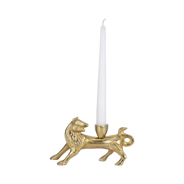 Decorative gold fox-shaped candle holder with a white taper candle, designed for kitchen or dining decor, perfect gift from Knotty and Board, Sleek Fox Taper Candle Holder, Gold, 8 in.