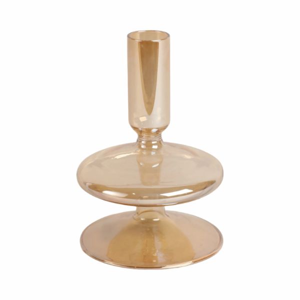 Vintage Luster Glass Taper Candle Holder, Gold, 5 in. with a sleek, reflective design perfect for adding elegant decor and candlelight ambiance to any kitchen, dining, or entertaining space.