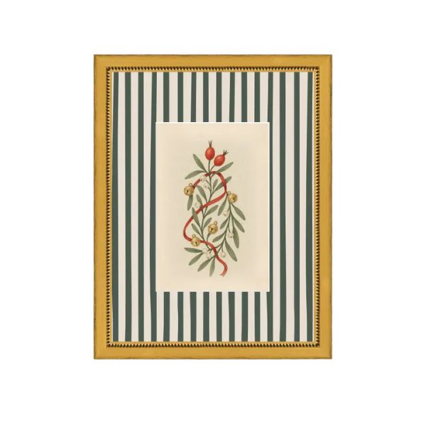 Holly Bells On Stripes Framed Antique Art, 8 X 10 in.