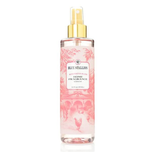 Blue Stallion Home Fragrance Room Spray, 250 ML, Rosewater Blush in a transparent pink bottle with gold spray top, perfect for decor and gifts from Knotty and Board.