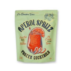 Packaging pouch of Noble Mick's Frozen Cocktails, Aperol Spritz featuring vibrant orange cocktail illustration with an orange slice garnish, set against a light green background with vintage style typography.