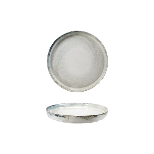 Stoneware Platter, Blue & White Glaze, 15"Rnd with a smooth finish and subtle blue edging, perfect for kitchen decor, dining, and entertaining from Knotty and Board.