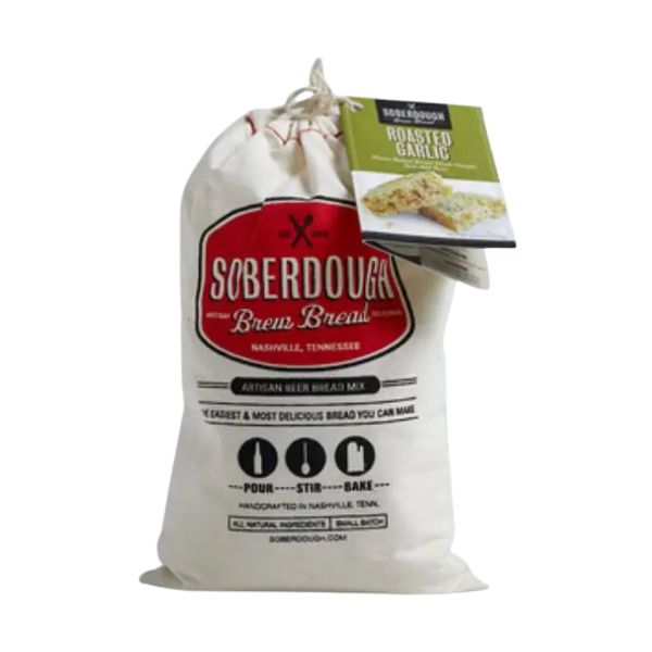 Bag of Soberdough Brew Bread, Roasted Garlic artisan gluten-free bread mix with printed instructions and rustic drawstring packaging ideal for kitchen gifts and entertaining.