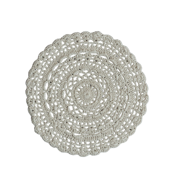 Recycled Cotton Blend Crocheted Placemat, 15 in. Round, handcrafted with a natural fiber blend, perfect for adding rustic charm to kitchen and dining decor by Knotty and Board. Every Room Needs A Little Knotty and Board.