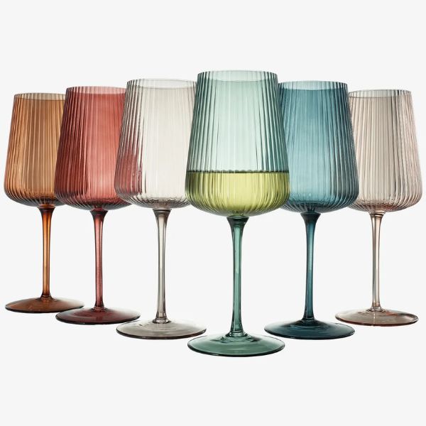 Khen Ribbed Colored Wine Glasses, Muted, Set of 6, 10 oz., Set of 6 in soft earthy tones with ribbed texture perfect for stylish dining, kitchen decor, and entertaining by Knotty and Board.