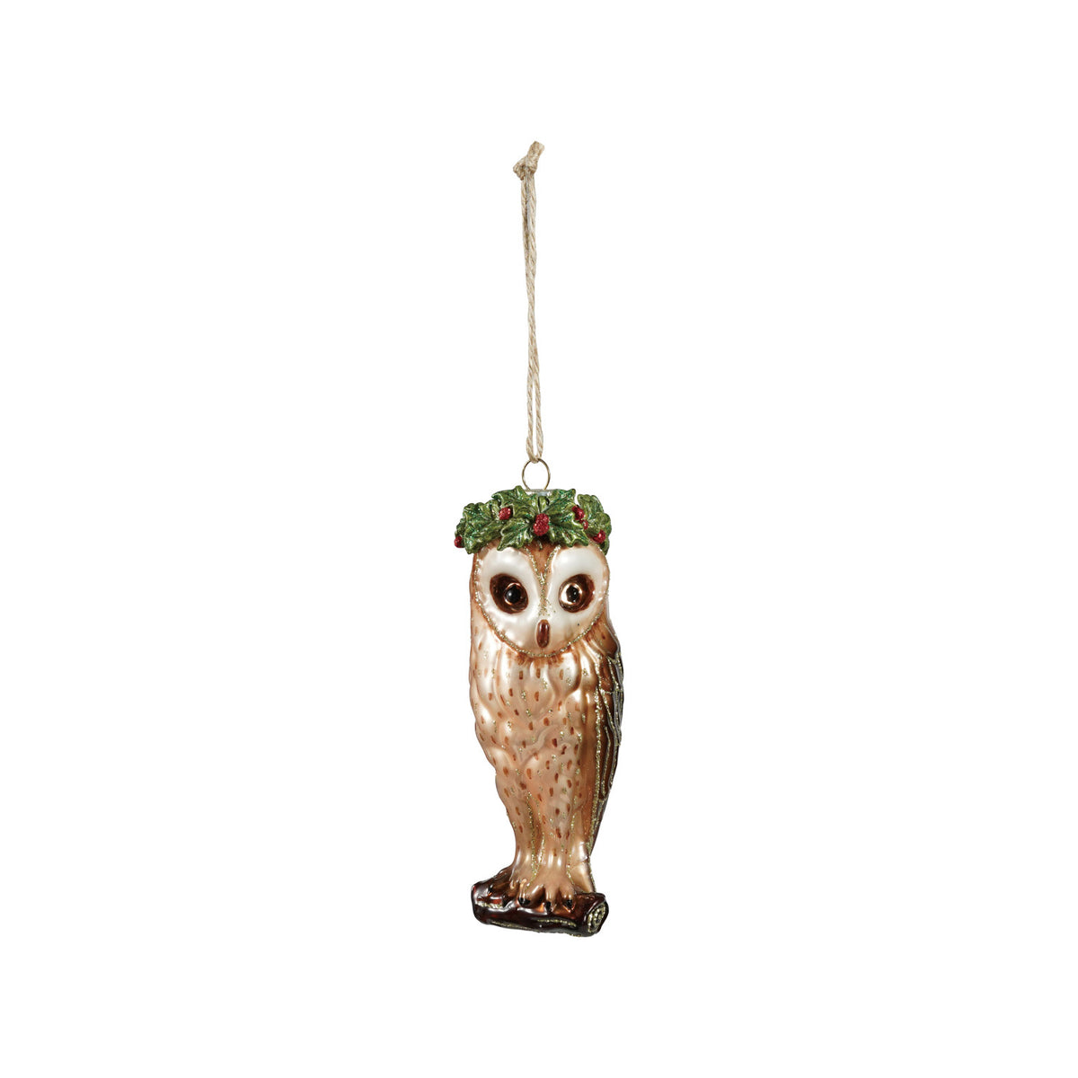 Glass Owl Ornament w/ Holly Crown, 5.75