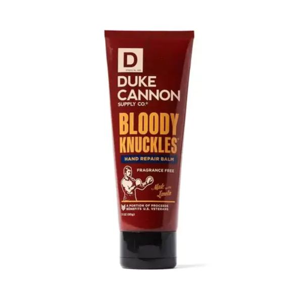 Tube of Duke Cannon Hand Repair Balm, Bloody Knuckles Fragrance Free, 3 oz., featured as a practical gift or self-care item at Knotty and Board, perfect for hardworking hands.