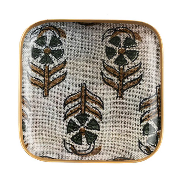 Chameli Enameled Tray Square with a beige textured background, featuring a repeating pattern of dark green and gold botanical designs, perfect for kitchen or dining decor from Knotty and Board.