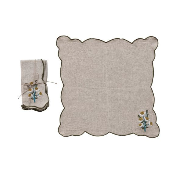 Set of four scalloped napkins with embroidered daisies in the corner, natural linen color, perfect for kitchen and dining decor, Scalloped Napkins with Embroidered Daisies, Set of Four, 18 in.
