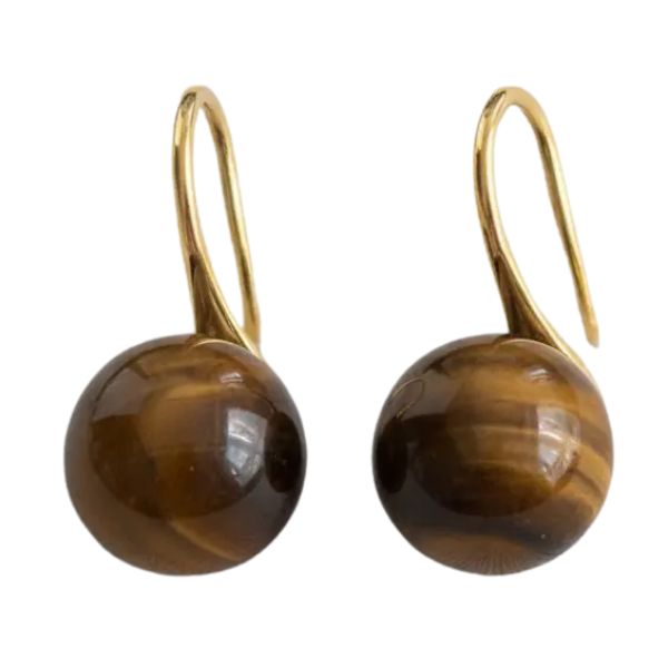 Pair of Round Tiger's Eye Stud Earrings featuring polished brown and gold gemstone spheres with gold-tone hooks, ideal jewelry gifts from Knotty and Board for stylish decor and entertaining.