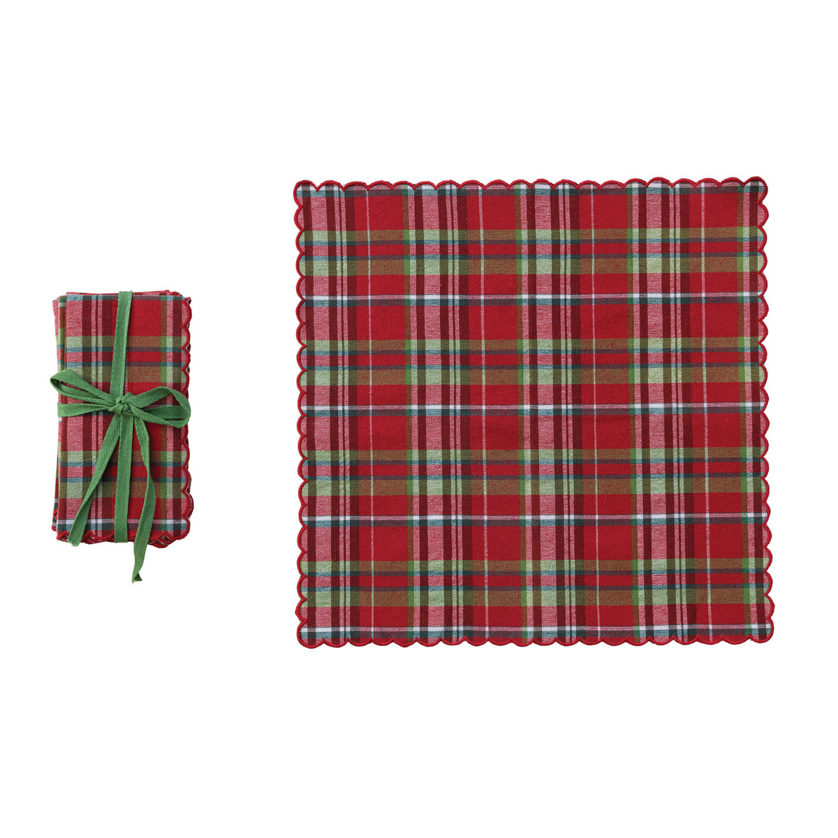 Plaid Woven Cotton Scalloped Napkins, Set of 4, 18