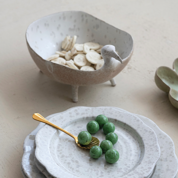 Footed Bird Bowl, White Speckled
