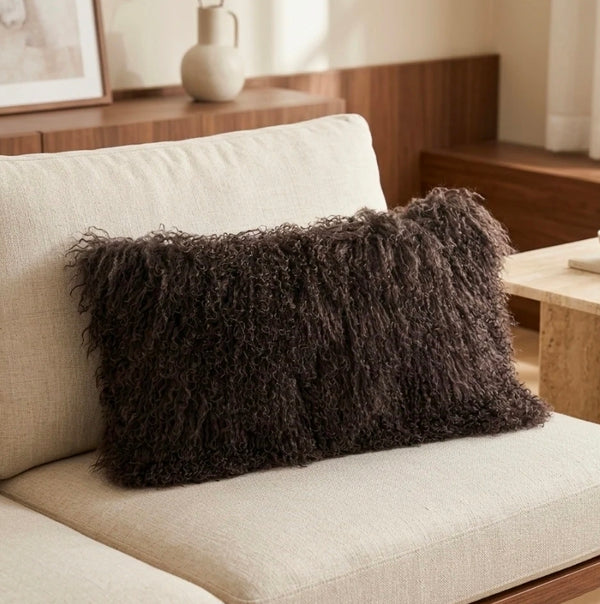 Fur Pillow, Mongolian Lamb, Poly Filled, Brown, 12 X 20 in.