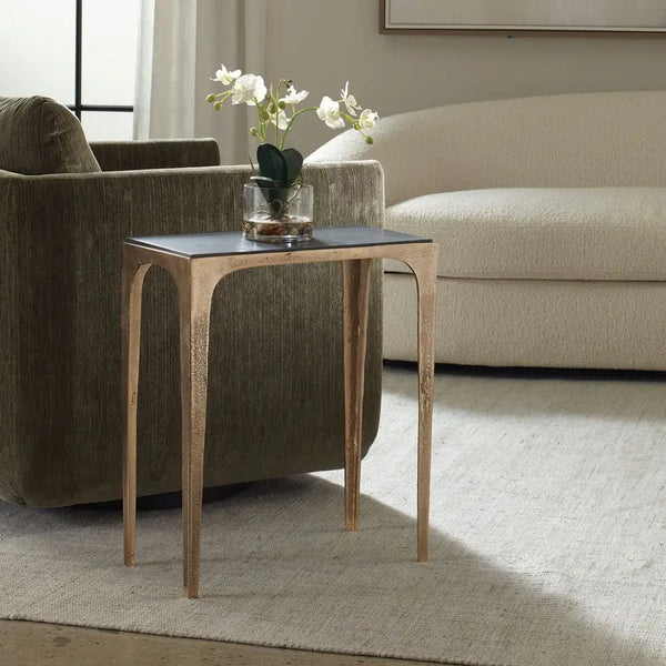 Black Marine Marble Accent Table, Antique Brass