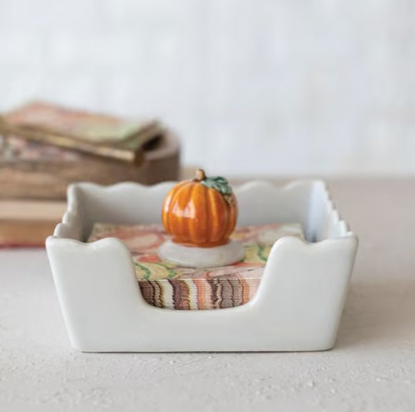 Scalloped Cocktail Napkin Holder with Pumpkin Weight, 5.75 in.