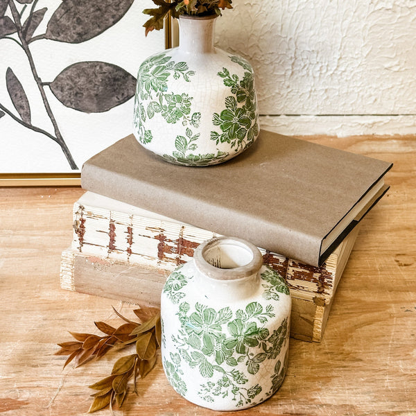 Crackle Glaze Stoneware Vase with Botanicals, Green and White, Assorted Designs 4.5 in.