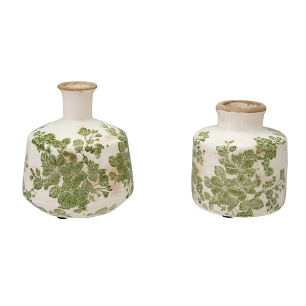 Crackle Glaze Stoneware Vase with Botanicals, Green and White, Assorted Designs 4.5 in.