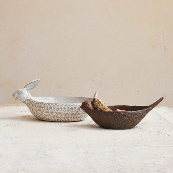 Debossed Stoneware Bird Bowl, Brown, 10 in.