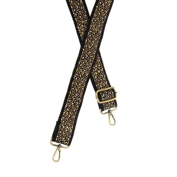 Mixed Metal Studded Guitar Strap featuring a stylish black base with gold-tone metal studs and adjustable clasps, perfect for adding unique flair to your guitar setup.