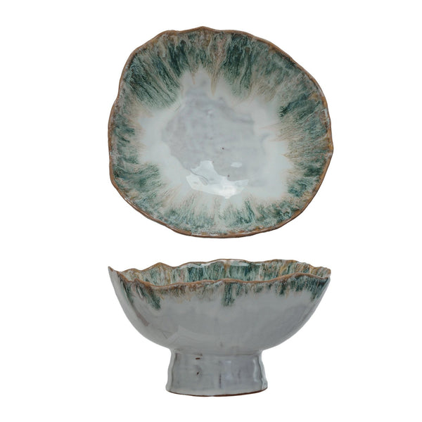 Stoneware Footed Bowl, 9"x 5" with a green and white organic glaze, perfect for kitchen decor, dining, or unique gift ideas from Knotty and Board, every room needs a little Knotty and Board.