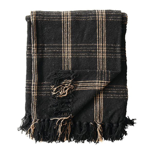 Woven Cotton Blend Throw with Fringe, Black & Tan, 60 X 50 in.