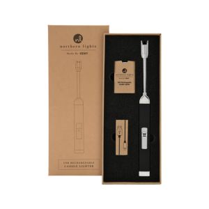 Rechargeable Candle Lighter, Charcoal displayed in eco-friendly packaging, perfect for lighting candles with style, ideal for kitchen, dining, and gifting from Knotty and Board.
