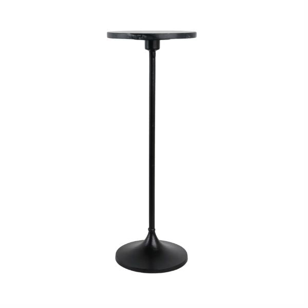 Black Metal Pedestal Side Table with Marble Top, 27 in.