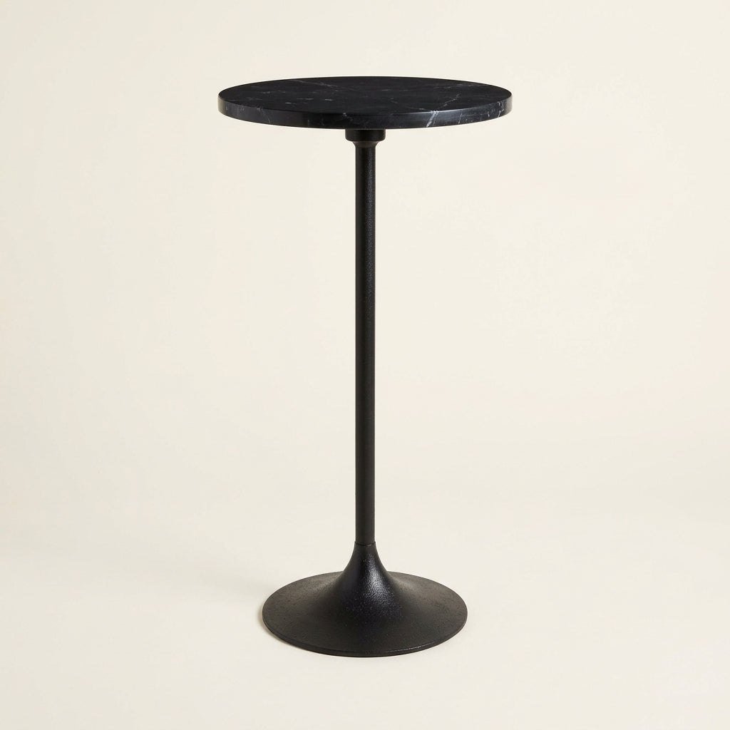 Black Metal Pedestal Side Table with Marble Top, 27 in.