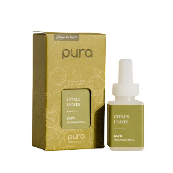 Pura Refill, Citrus Leaves fragrance refill with green and gold packaging, designed for home decor and gifts from Knotty and Board, perfect for kitchen or dining spaces.