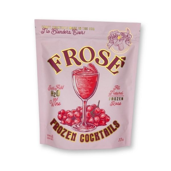Noble Mick's Frozen Cocktails, Frose' packaging in pink with red wine glass and grapes illustration, highlighting all-natural frozen rosé, perfect for entertaining and gifts at Knotty and Board.