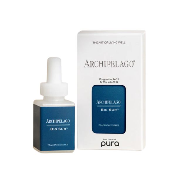 Pura Refill, Archipelago Big Sur fragrance refill bottle and packaging with a minimalist design in blue and white, perfect for home decor and gifts at Knotty and Board.