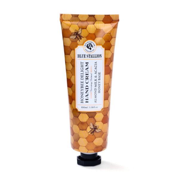 Tube of Blue Stallion Hand Cream, 100 ML, Honeybee Delight featuring honeycomb and bee design, perfect for gifts and decor at Knotty and Board.