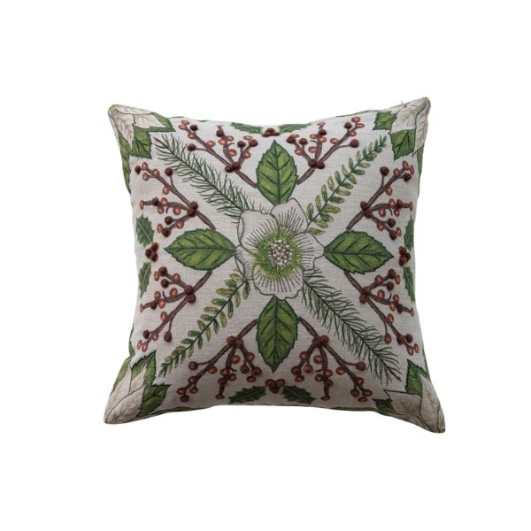 Linen Pillow Seasonal Botanical Embroidery, Green, 20 in.