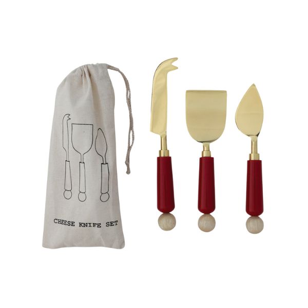 Red Marble Handled Cheese Knives, Set of 3, 7.75 in.