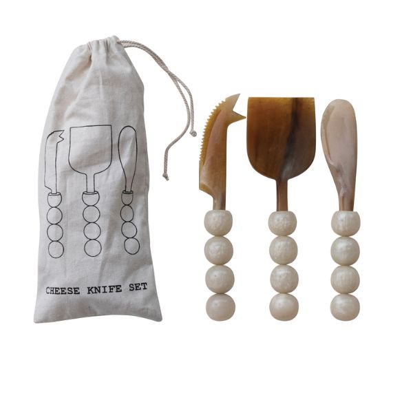 Cheese Knife Set, Cream Resin Ball Handles, Set of Three