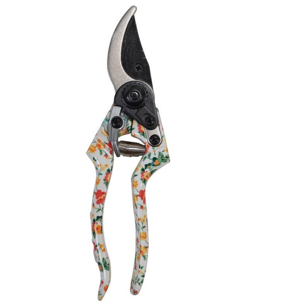 Garden Pruning Shears with Blade Protector, White, 8" featuring a floral patterned handle, ideal for stylish gardening and perfectly suited for gifting from Knotty and Board.
