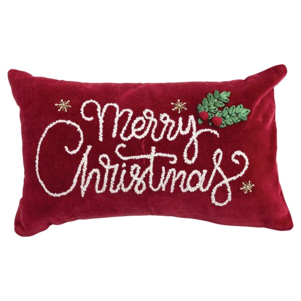 "Merry Christmas" Cotton Velvet Lumbar Pillow w/ Embroidery, Red, 20 X 12"