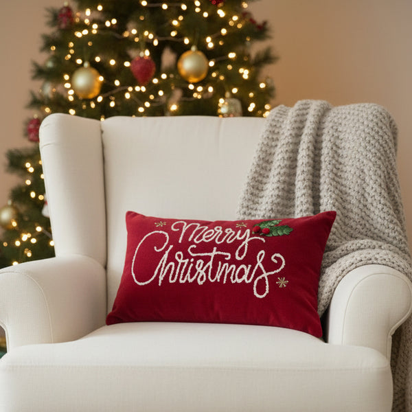 "Merry Christmas" Cotton Velvet Lumbar Pillow w/ Embroidery, Red, 20 X 12"