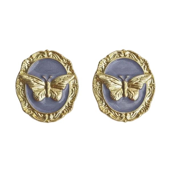 Elegant Butterfly-Inspired Drop Earrings featuring a gold butterfly on a textured blue background with an ornate gold frame, perfect for stylish gifts and jewelry decor.