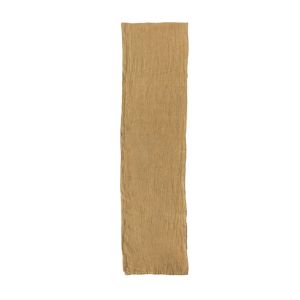 Stonewashed Linen Table Runner, Mustard, 108 in., laid flat showing its textured fabric and warm color, perfect for adding cozy decor to dining or entertaining spaces.