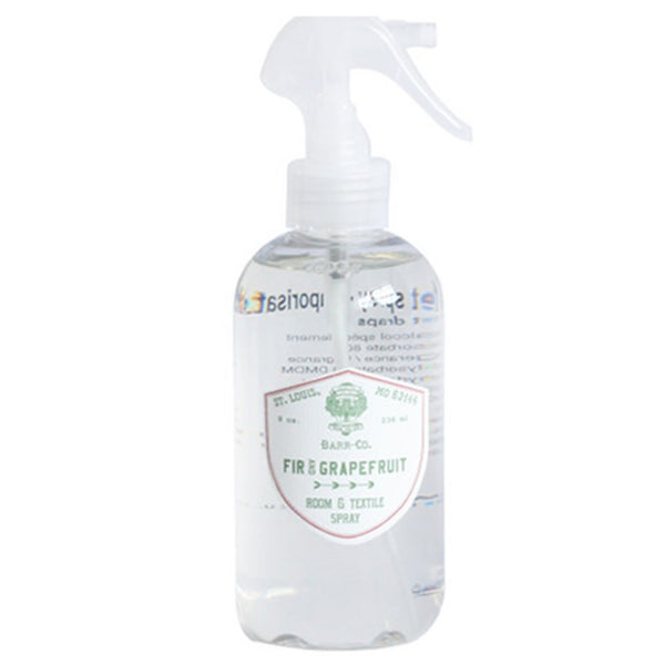 Clear plastic spray bottle of Barr & Co Fir & Grapefruit Room Spray, 8 oz, with a white spray top, displayed against a white background for home decor and gifts by Knotty and Board.