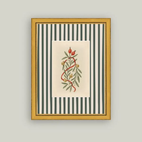 Holly Bells On Stripes Framed Antique Art, 8 X 10 in.