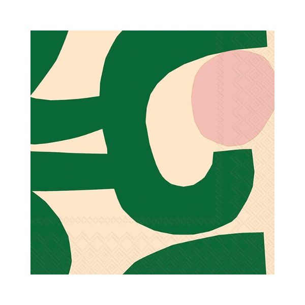 Close-up of a stylish green and beige patterned paper napkin with a pink accent, perfect for kitchen decor and entertaining, titled Lunch Napkin, 20 Ct, Seppel Green Marimekko.